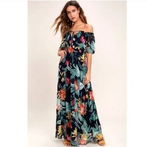 Lulus Infinite Love Floral Tropical Print Off Shoulder Ruffle Maxi Dress XS NWT